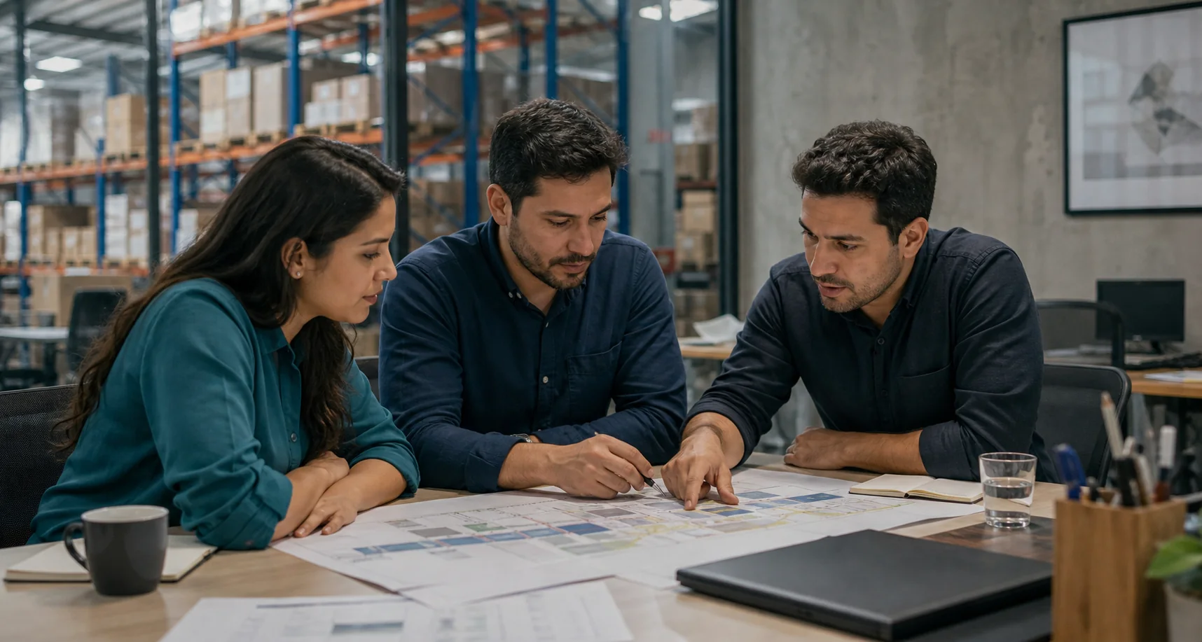 Equipo de consultoría revisando la planeación de una operación logística