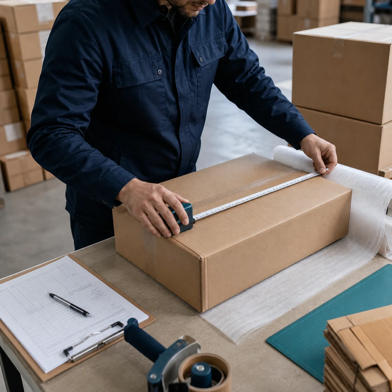 Trabajador midiendo y preparando una caja para su envío